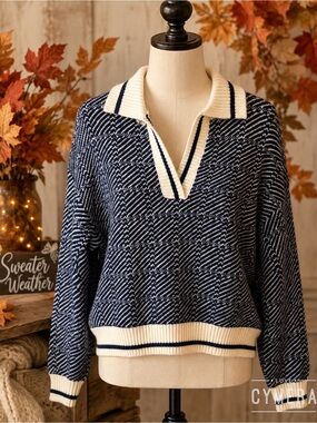 Blu Pepper Navy and Cream Collared Knit Sweater